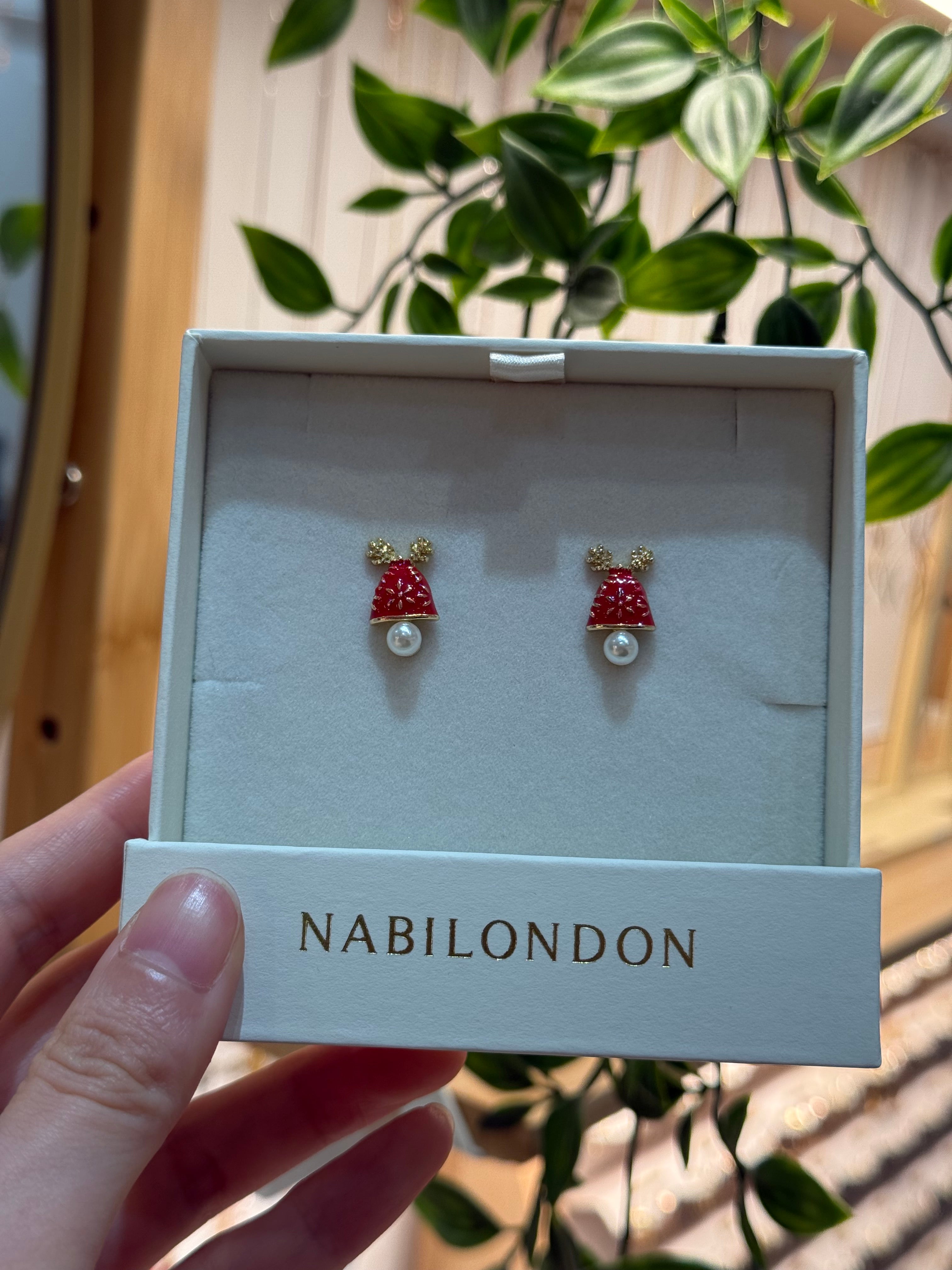 Christmas reindeer pearl bell earrings