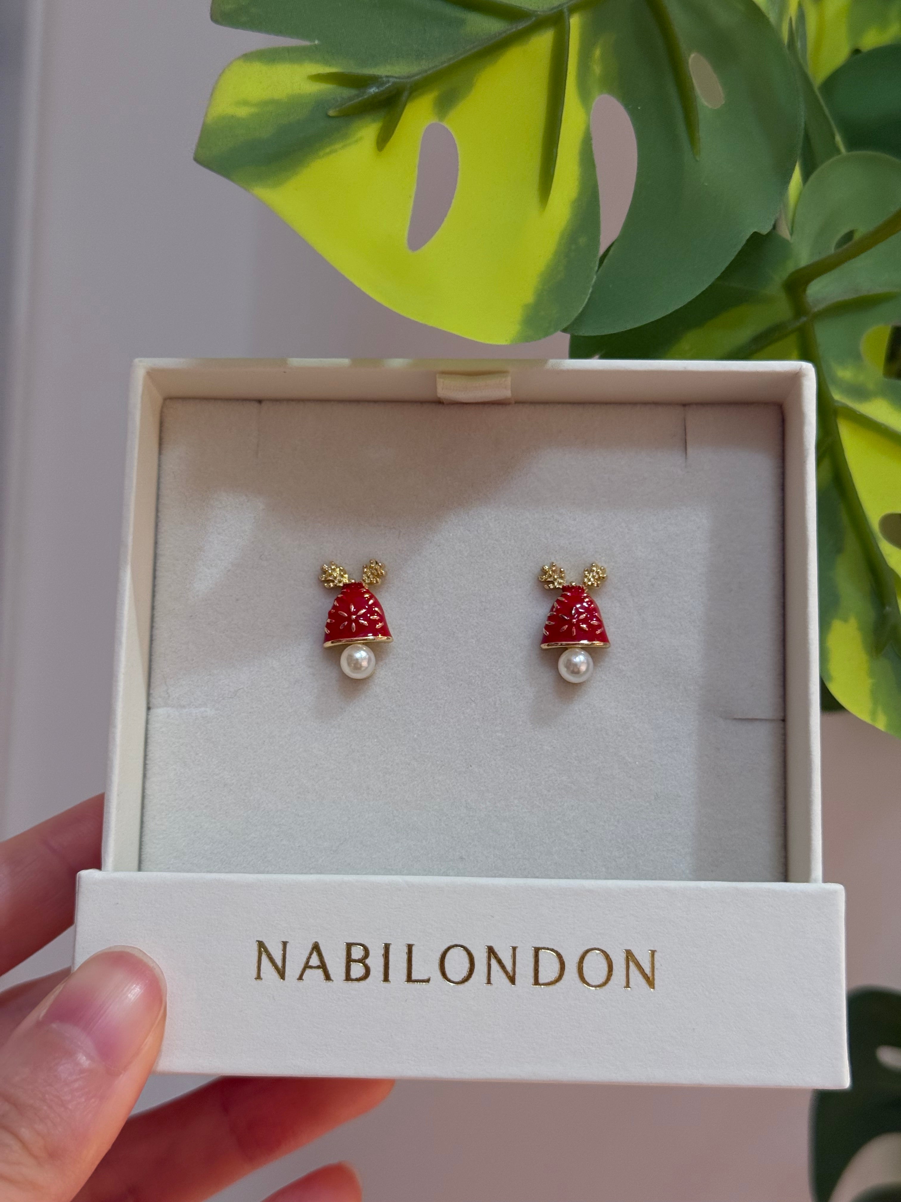 Christmas reindeer pearl bell earrings