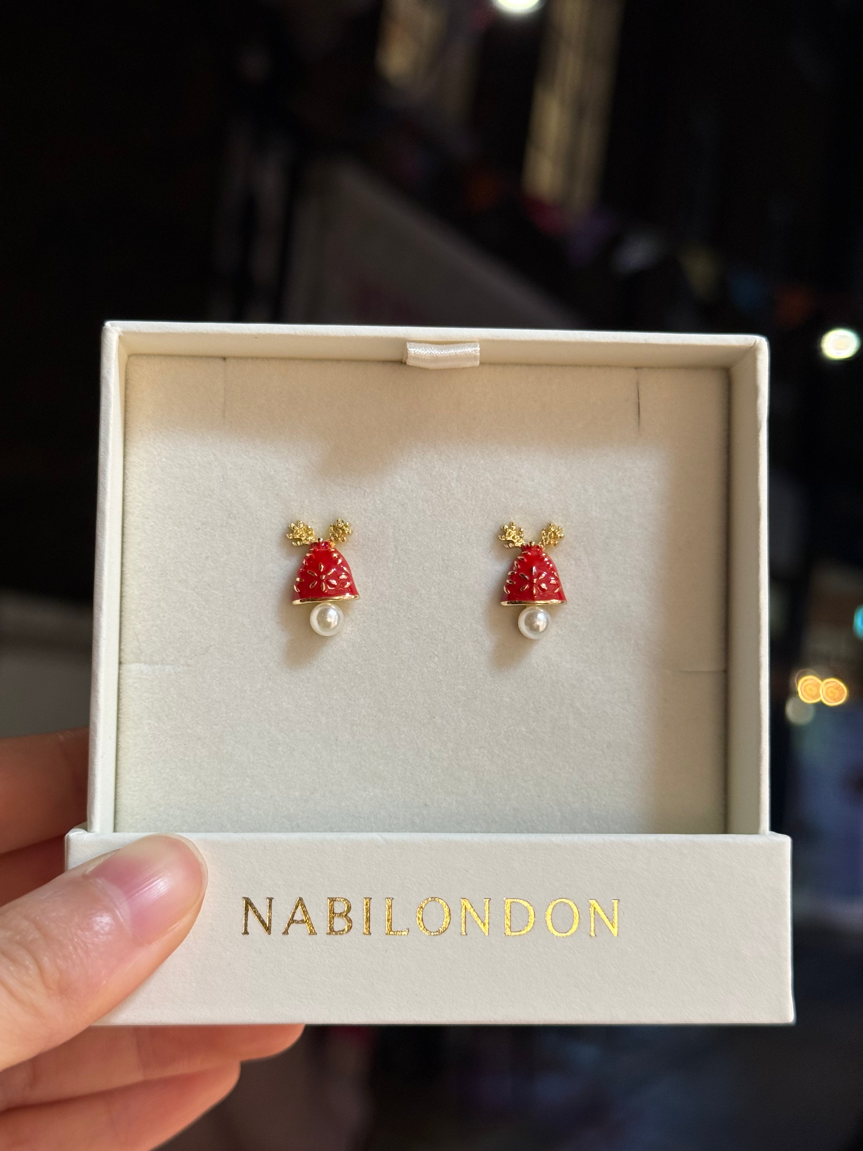 Christmas reindeer pearl bell earrings
