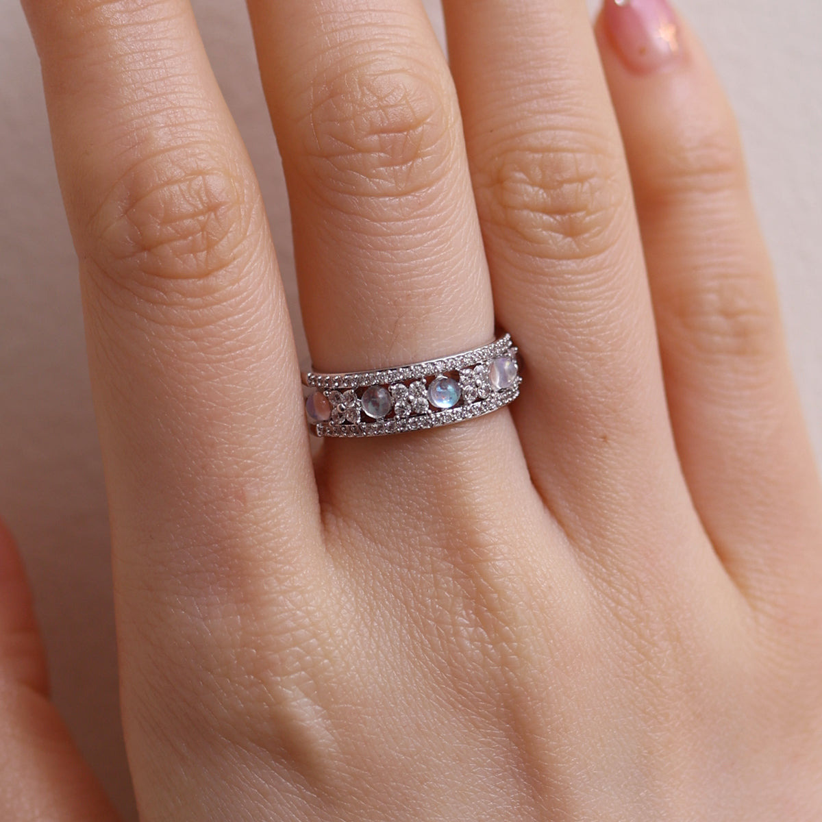 Moonstone flower layered ring