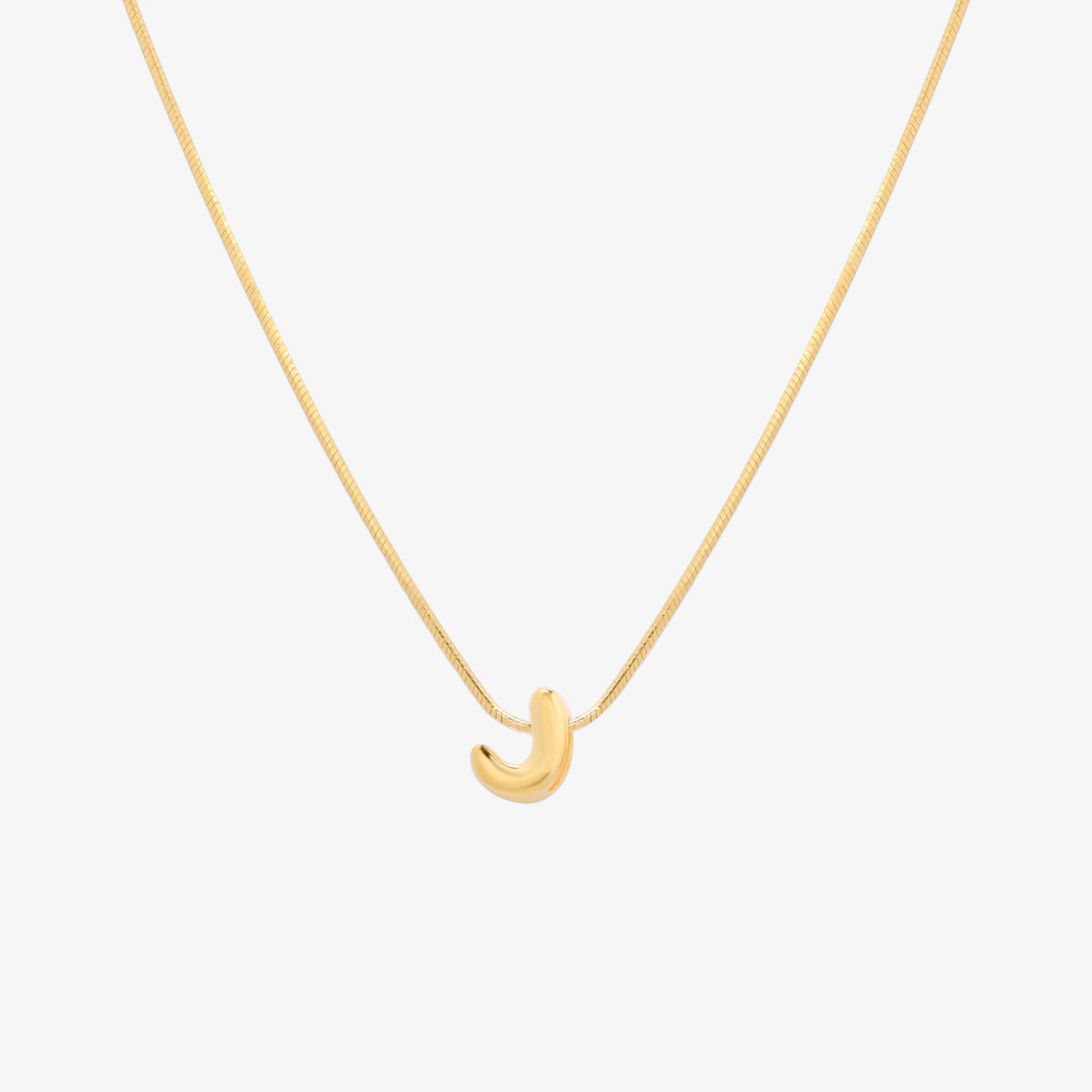 Bubble initial pendant necklace featuring a rounded, playful letter charm on a sleek snake chain, with a smooth and glossy finish.