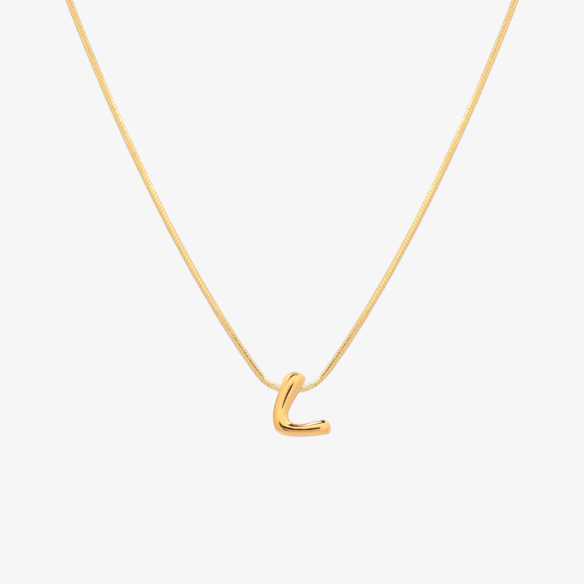 Bubble initial pendant necklace featuring a rounded, playful letter charm on a sleek snake chain, with a smooth and glossy finish.