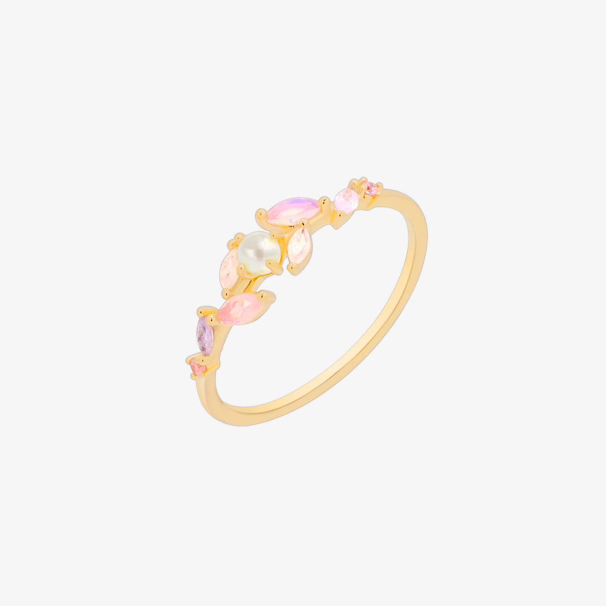 Moonstone Cubic Pearl Vine Ring featuring a delicate vine design with shimmering moonstone and lustrous cubic pearls, crafted for timeless elegance and sophistication.