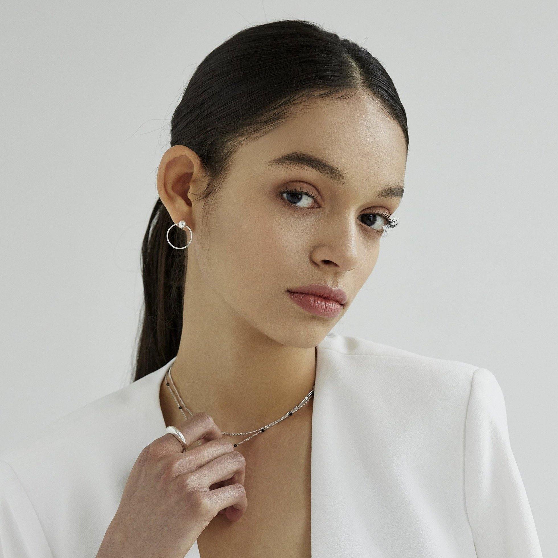 Ball with Line Circle Earrings featuring a modern geometric design with a delicate ball and sleek line detail, offering minimalist elegance and everyday versatility.