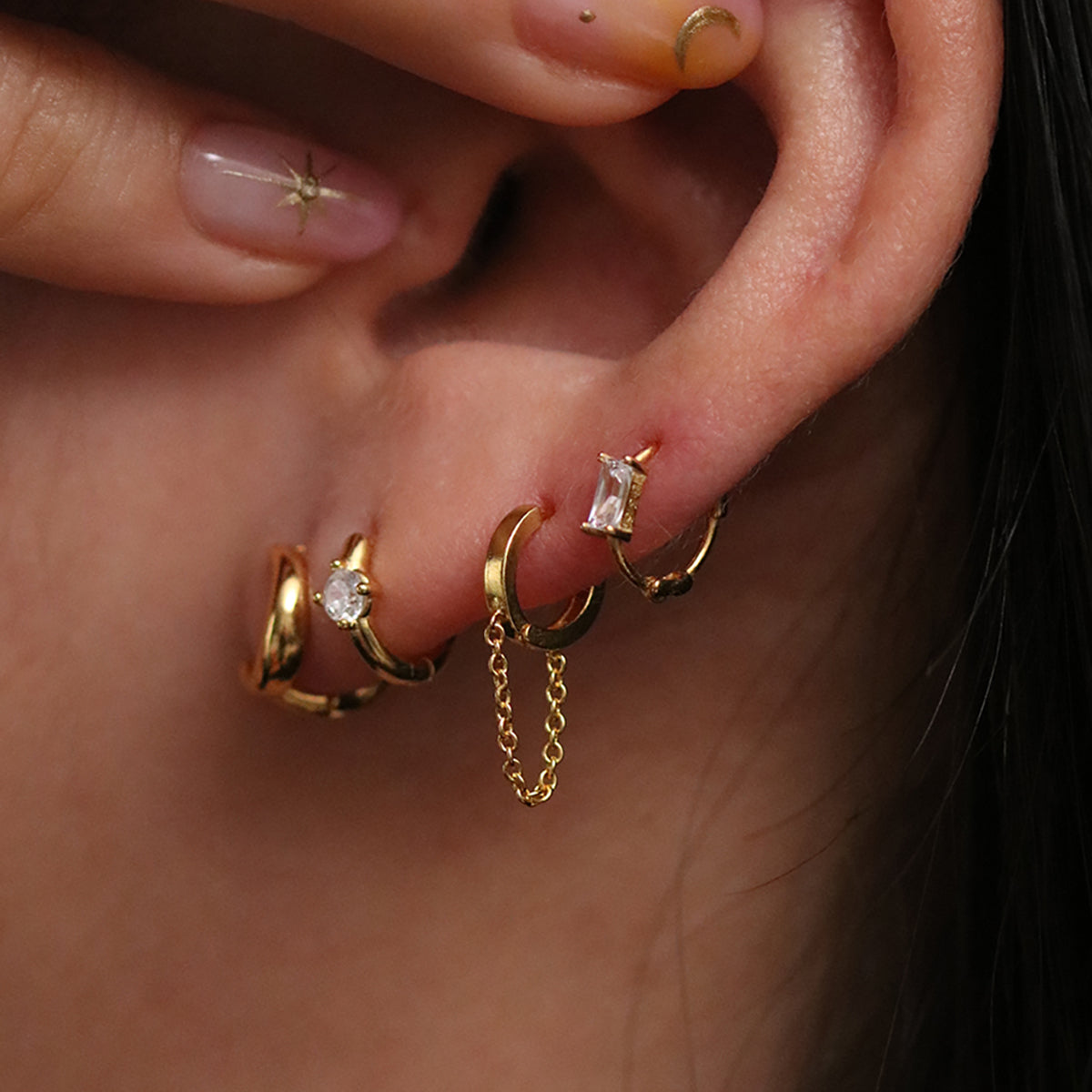 Chain drop huggie earring