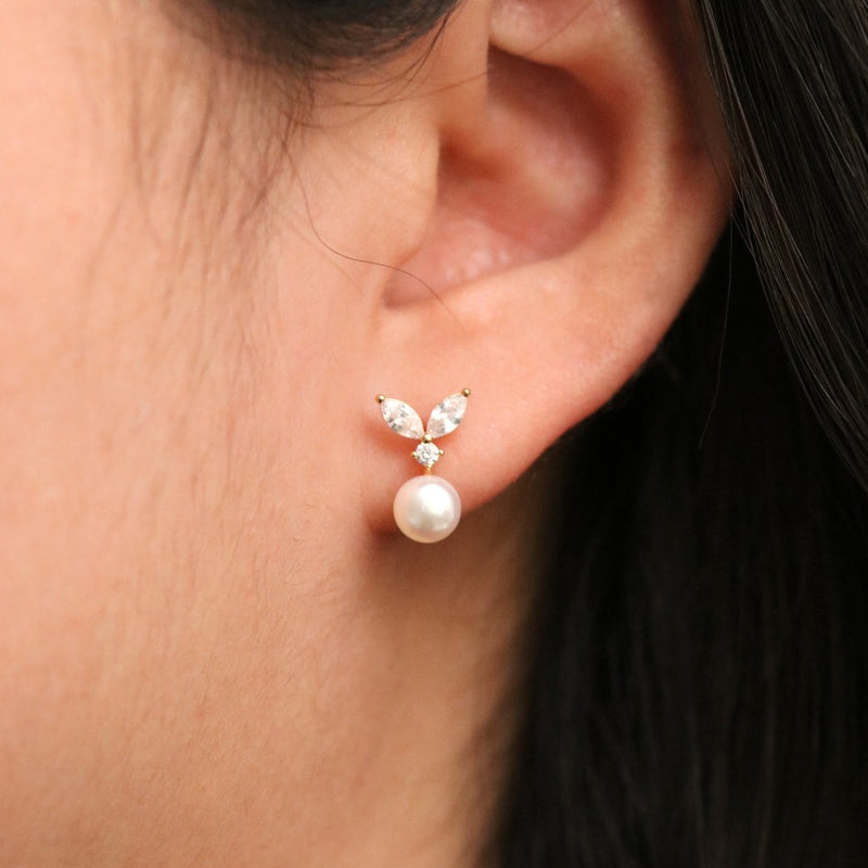 Cubic Leaf Pearl Drop Earrings