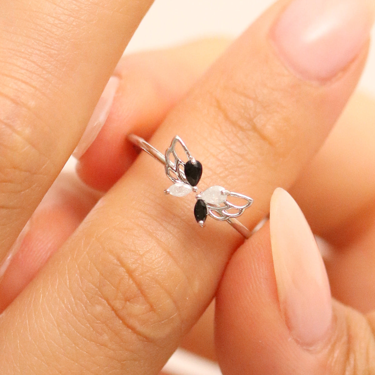 Black Cubic Angel Wing Ring