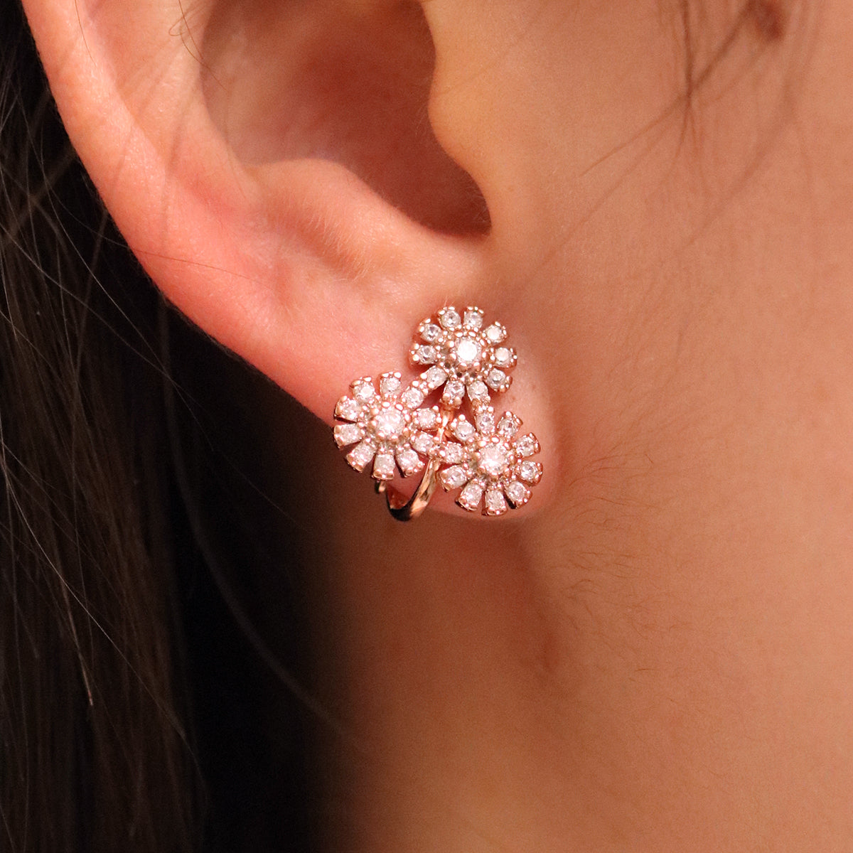 Triple Daisy Cubic Clip On Earrings