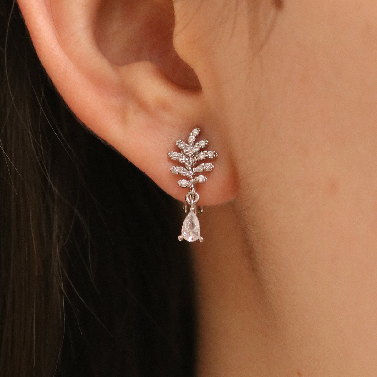 Cubic Leaf Clip On Earrings