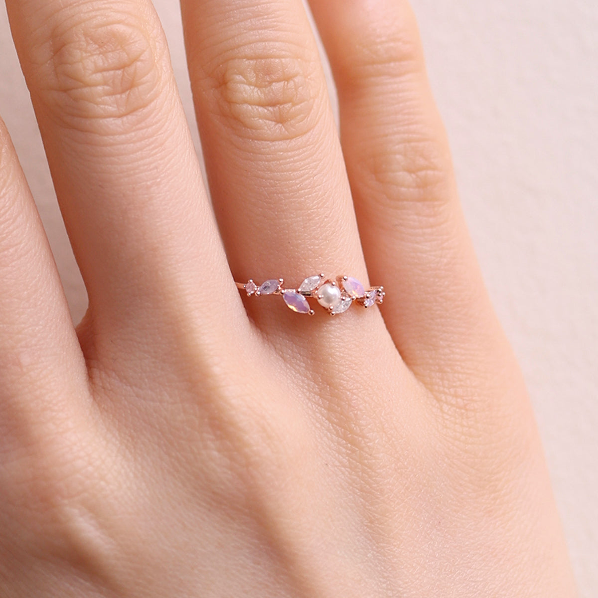 moonstone cubic pearl vine ring