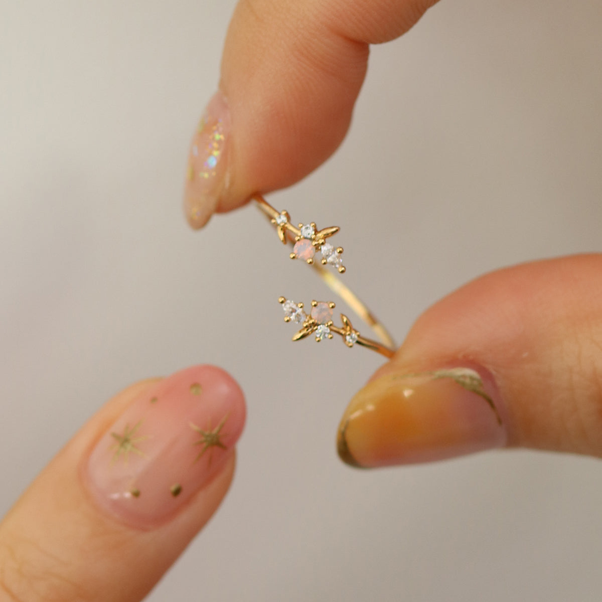 Rose quartz branch ring