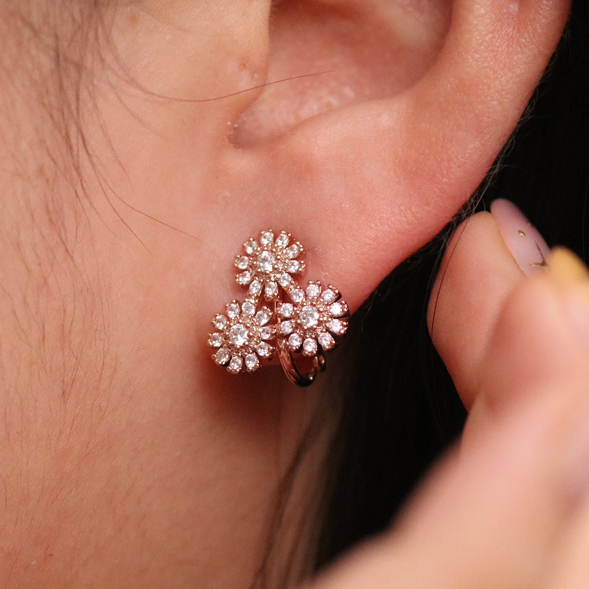 Triple Daisy Cubic Clip On Earrings