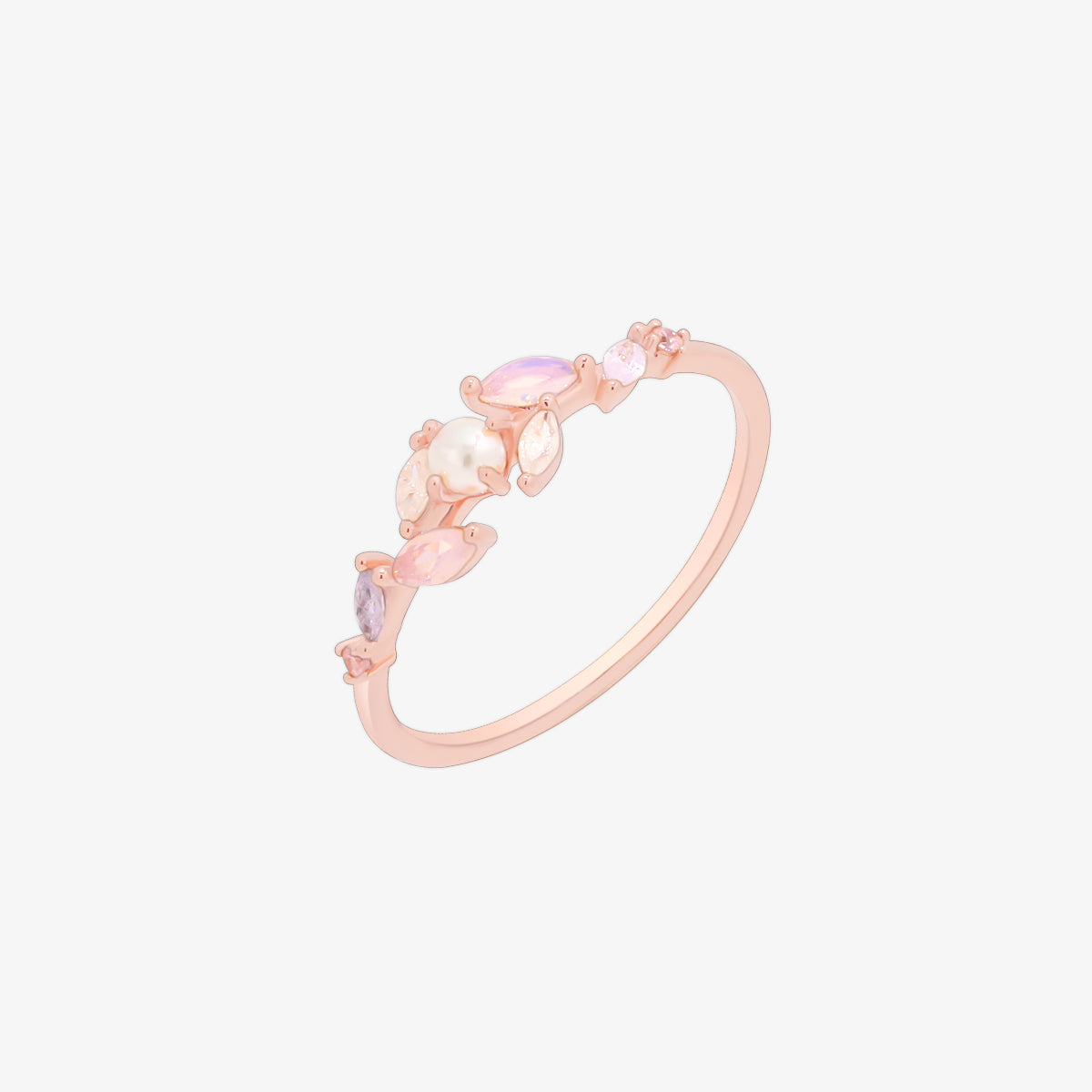 Moonstone Cubic Pearl Vine Ring featuring a delicate vine design with shimmering moonstone and lustrous cubic pearls, crafted for timeless elegance and sophistication.