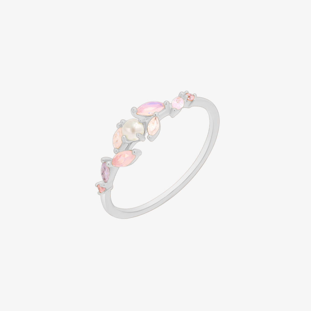 Moonstone Cubic Pearl Vine Ring featuring a delicate vine design with shimmering moonstone and lustrous cubic pearls, crafted for timeless elegance and sophistication.