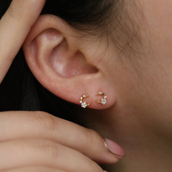 Tiny moon star cubic earrings