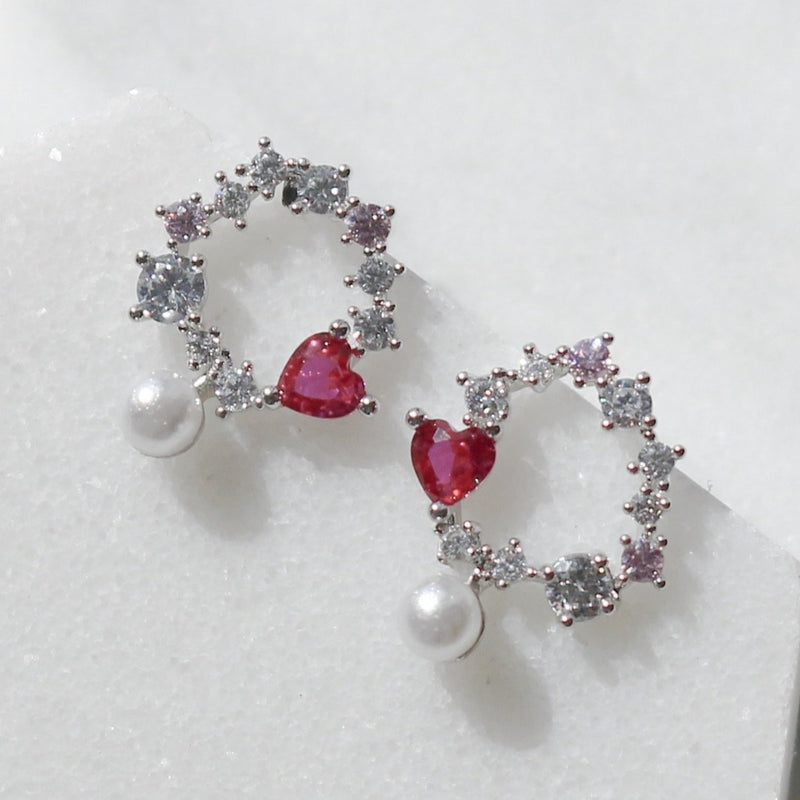 Pink heart pearl dangle earrings