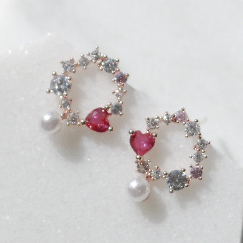 Pink heart pearl dangle earrings